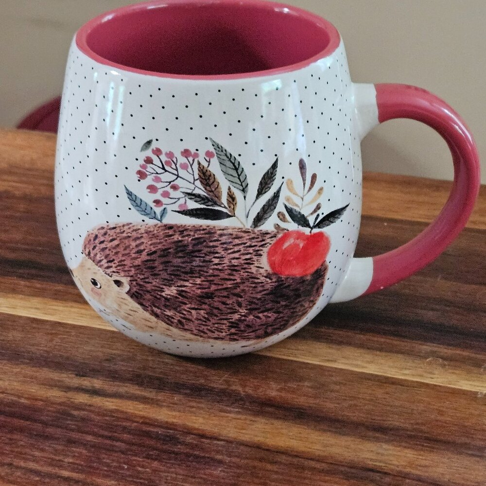 Adorable Nicole Miller hedgehog coffee mug polka dot red handled